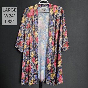 Vintage Nite Images Kimono Robe L Large Floral Tapestry Navy Pink Made in USA